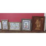 Three Indo-Persian hand painted pictures of polo players and musicians in inlaid frames, also an