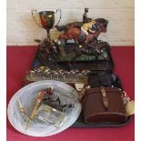 Four resin jockeys on horseback models together with a collection of horse racing items including