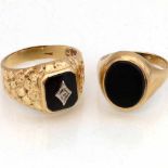 9ct gold and onyx signet ring and textured gold and onyx signet ring dressed with a brilliant, gross