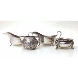 China trades silver cream jug ; silver cushion salt; pair of silver sauce boats Condition report: