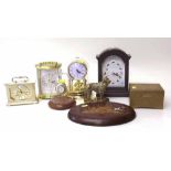 Collection of five clocks, car mascot, musical box and an inlaid wall plaque. Condition report: