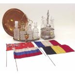 2 plated cruet sets, copper tray and 4 miniature national flags c/w metal Condition report: see