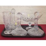 Three glass ships decanters and two vases. Condition report: see terms and conditions