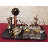 Art Deco desk set, another glass desk set and a 'conversation piece' tea phone. Condition report: