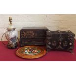 Tibetan style jewellery box and costume jewellery, also a Japanese jewellery box, oriental lamp