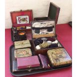 Collection of mixed treen, collectors items, Victorian costume jewellery, postcards, pow made box,