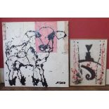 Zivo 20th century, Cow painting and another abstract painting (2). Condition report: see terms and