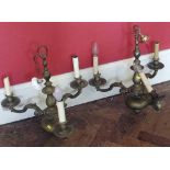 Pair of solid brass three branch pendant lights Condition report: see terms and conditions