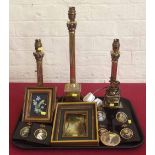 Three brass Corinthian column table lights and a collection of reproduction miniatures. Condition