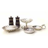 Two silver tasting cups, shell dish, bon bon dish and a pair of Lignum and silver pepper mills.