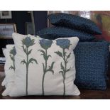 Set of five blue rose cushions and seven others. Condition report: see terms and conditions