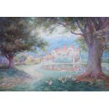 J.E. MacMeikan, 19th/20th century, Country house with figure and pond, signed and dated '29,