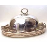 Two silver plated gallery trays and a meat cover. Condition report: see terms and conditions