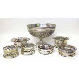 Silver plated punch bowl and six bottle coasters. Condition report: see terms and conditions