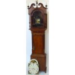 Oak longcased clock banded in mahogany, painted break arch dial with rolling moon, subsidiary date