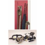 Collection of fishing tackle including Ambidex reel, Mitchell, Le Super, and Shakespeare Noris,