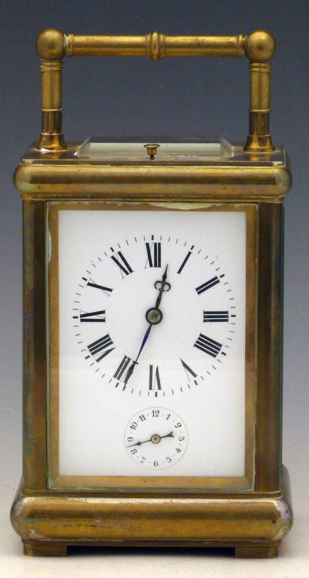 French brass hour repeating carriage clock, by Le Roy & Fils, the electro-plated case with a white