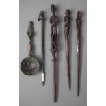 Dogon bronze or brass hairpin, another Senufo animal mask hairpin, a Bamana spoon and two wood