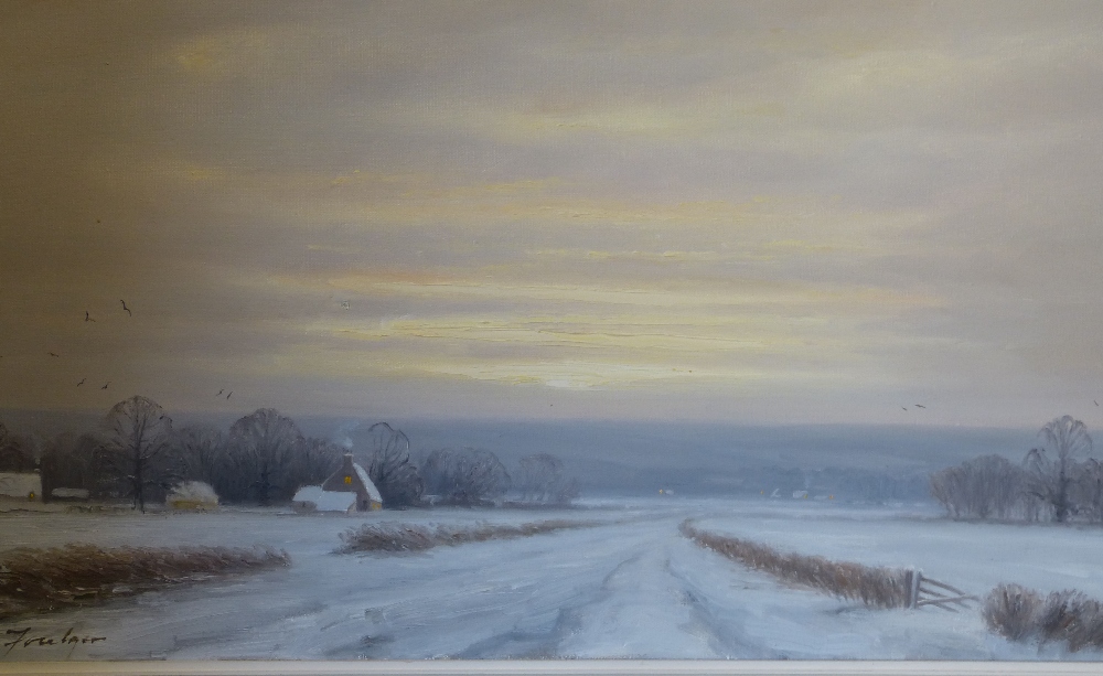 John Foulger Oil on Canvas winter country scene at sunset, indistinctly signed, - Image 2 of 4