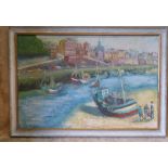 An Oil on Board Depicting Fishermen standing next to boat at low tide with town in background,