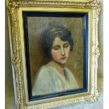 An Oil on Canvas shoulder length portrait of a young lady, unsigned, in gilt frame,