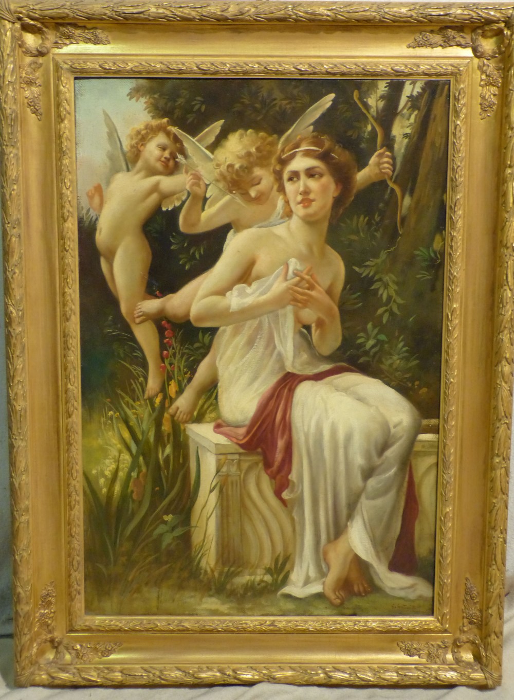 Giovanni Santanianiello Modern Oil on Canvas " Venere con Amorani" signed in gilt frame,