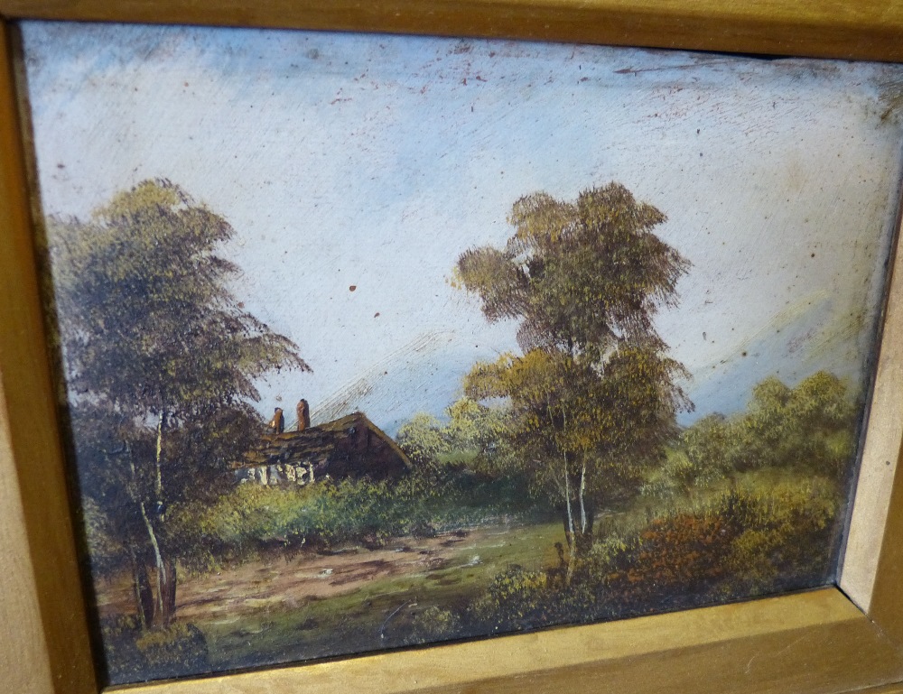 A Pair Oil on Cards depicting cottages in woodland on riverbank in gilt frames, 13. - Image 4 of 4