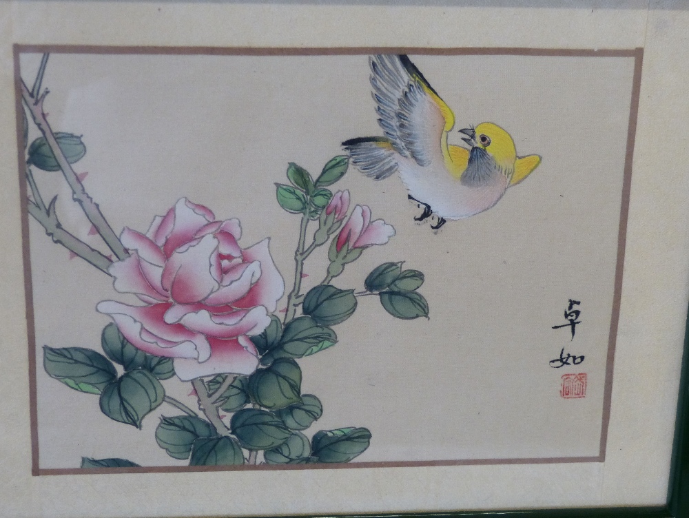 3 x Oriental Small Silk Pictures depicting birds, in green frames, - Image 3 of 4