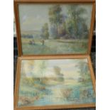 A Pair Swingler? Watercolours depicting figures and sheep on wooded riverbank,