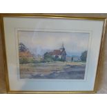 A Watercolour depicting church surrounded by further building, initialled JL, in gilt frame,