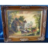 An Oil on Canvas Depicting Coaching Scene Outside Tavern, indistinctly signed, framed,