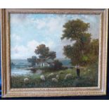 Henry Martin Oil on Canvas mother and child on riverbank with sheep with cottage in background,