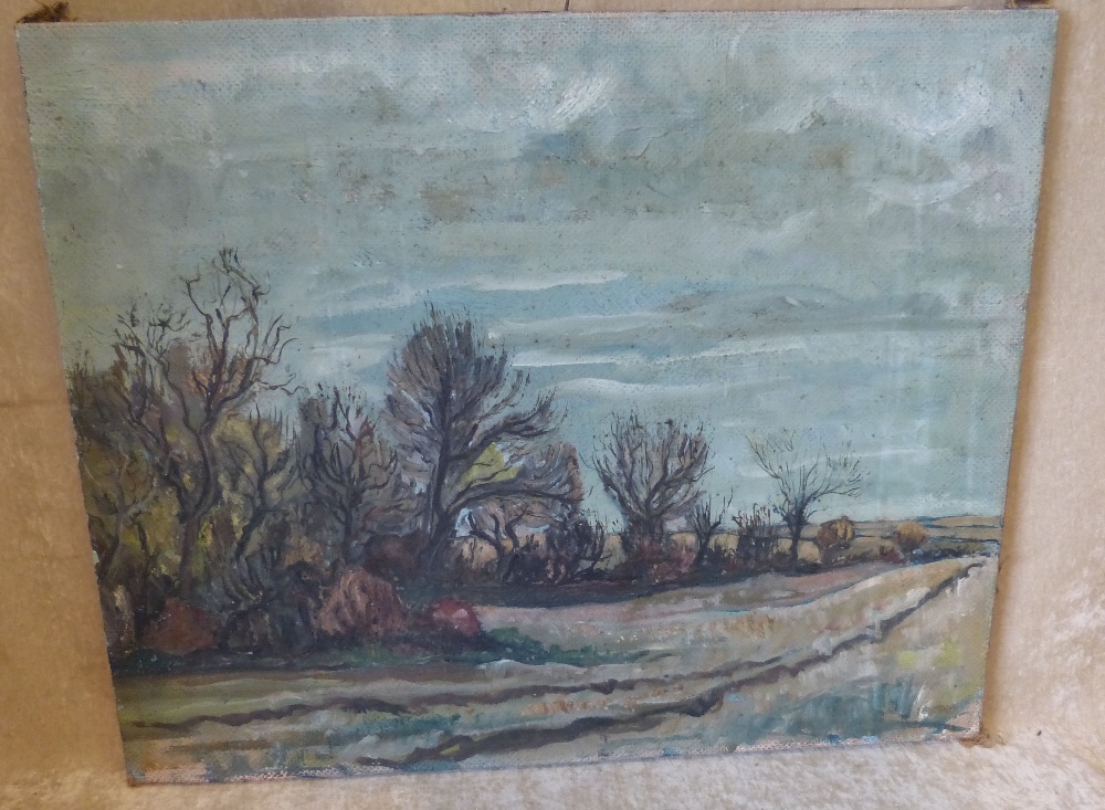 An Oil on Canvas depicting tree lined country road, unsigned, unframed,