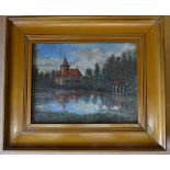 A Continental Small Oil on Board depicting swans on pond with buildings in background,