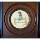 After Kate Greenaway Circular Oil on Panel "Under the Window" in Mahogany frame, 9.