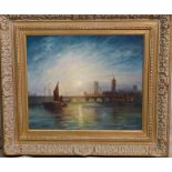 Thomas Lancaster Modern Oil on Canvas Figures and Boats on Thames with arched bridge and Houses of
