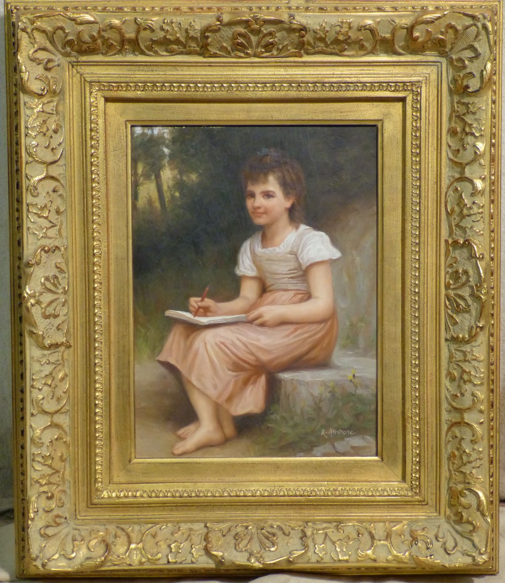 R Rathbone Modern Oil on Board, full length portrait of a seated young girl writing,