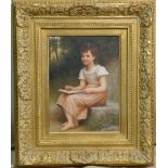 R Rathbone Modern Oil on Board, full length portrait of a seated young girl writing,