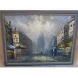 Cheung Modern Oil on Canvas depicting continental figures in street scene, in grey frame, 29.