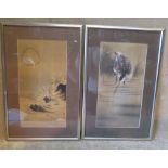 A Pair of Oriental Signed Pictures depicting jumping fish and bird hunting,
