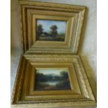 A Pair Oil on Cards depicting cottages in woodland on riverbank in gilt frames, 13.