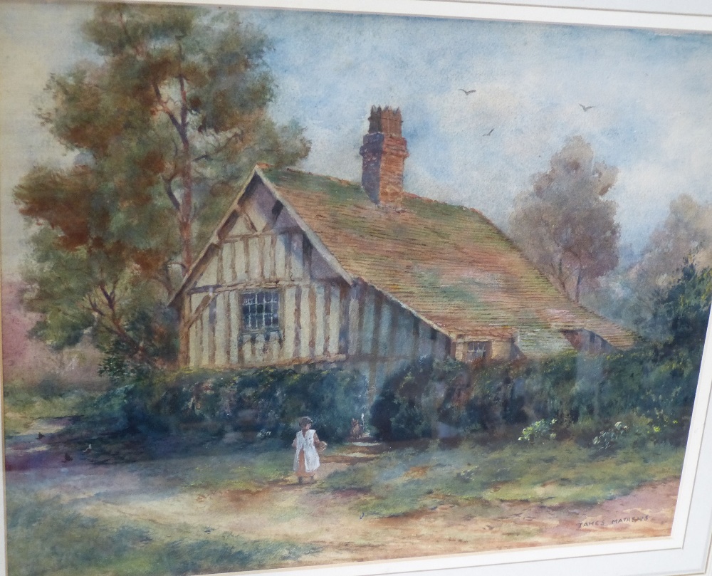 James Mathews, Watercolour depicting young girl outside cottage, signed in gilt frame, - Image 2 of 4