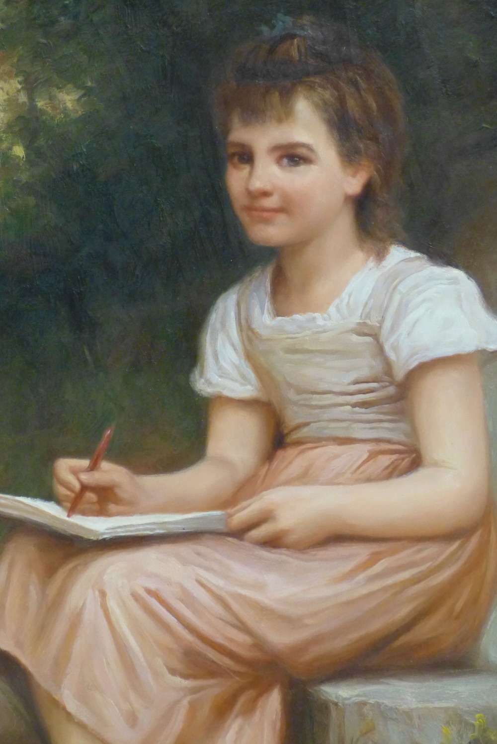 R Rathbone Modern Oil on Board, full length portrait of a seated young girl writing, - Image 3 of 4