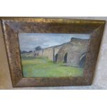 Septimus Edwin Scott Oil on Board depicting arched bridge, signed to reverse, in gilt frame, 24.