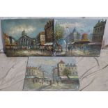 Burnett Pair of Oil on Canvas Street Scenes and another similar oil on canvas,