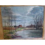 An Oil on Canvas depicting river landscape with moored boat,