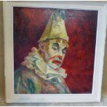 C Latham oil on Board shoulder length portrait of a clown, signed, in white painted frame, 51.