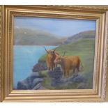 R Frick Oil on Board Highland Cattle on riverbank, signed and dated 97, in gilt frame,