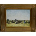 Hamilton Modern Oil on Panel depicting seated figures in field, signed in gilt reeded frame,