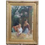 P Carlos Modern Oil on Canvas depicting 3 ladies looking over Balcony, signed in gilt frame,